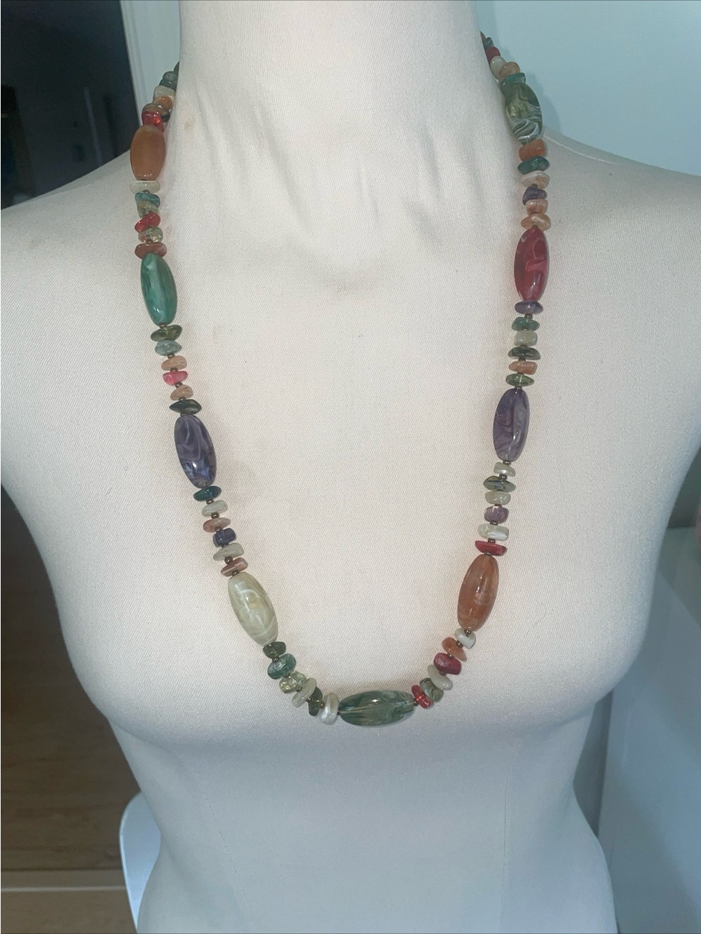Jade, Carnelian & Amethyst Stones Long Necklace 30 inches Vintage